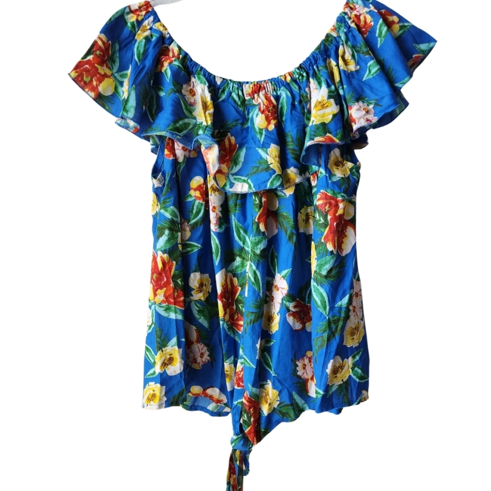 MISS LILI Cobolt Blue Hawaiian Floral Ruffle Collar Sleeveless Front Tie Top